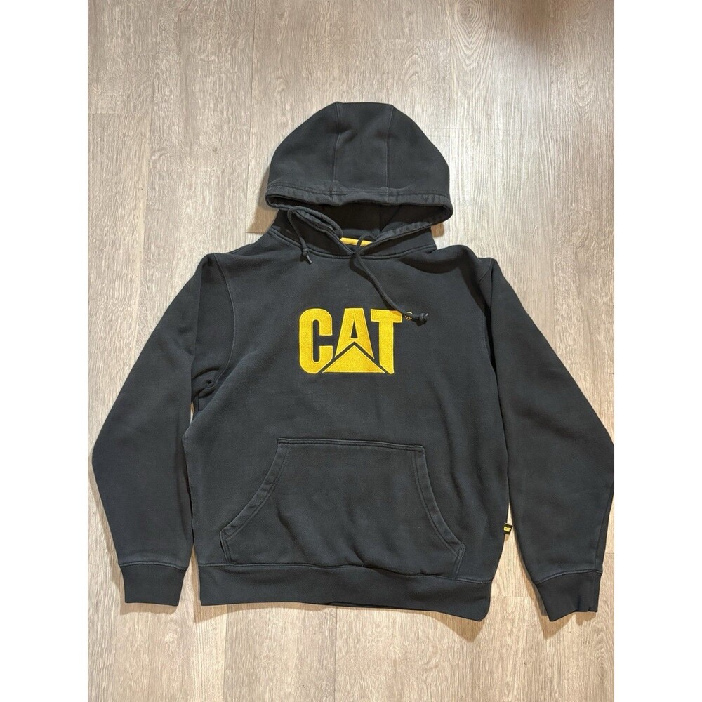 CAT Hoodie Mens Medium Faded Black Workwear Caterpillar Diesel Mechanic